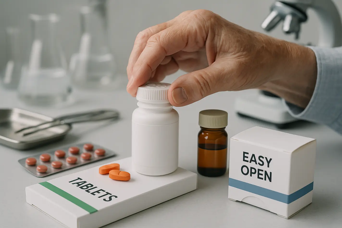 FDA-regulated OTC packaging with easy-open closures